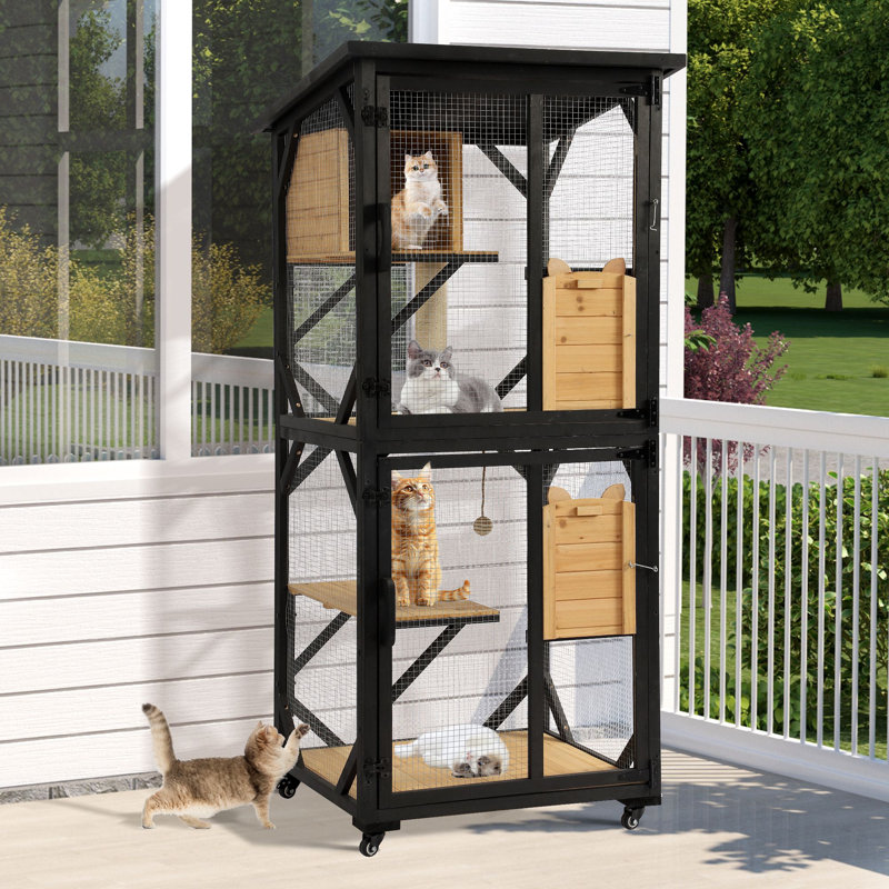 Black and Natural Wood 4-Tier Outdoor Cat Enclosure with Wheels
