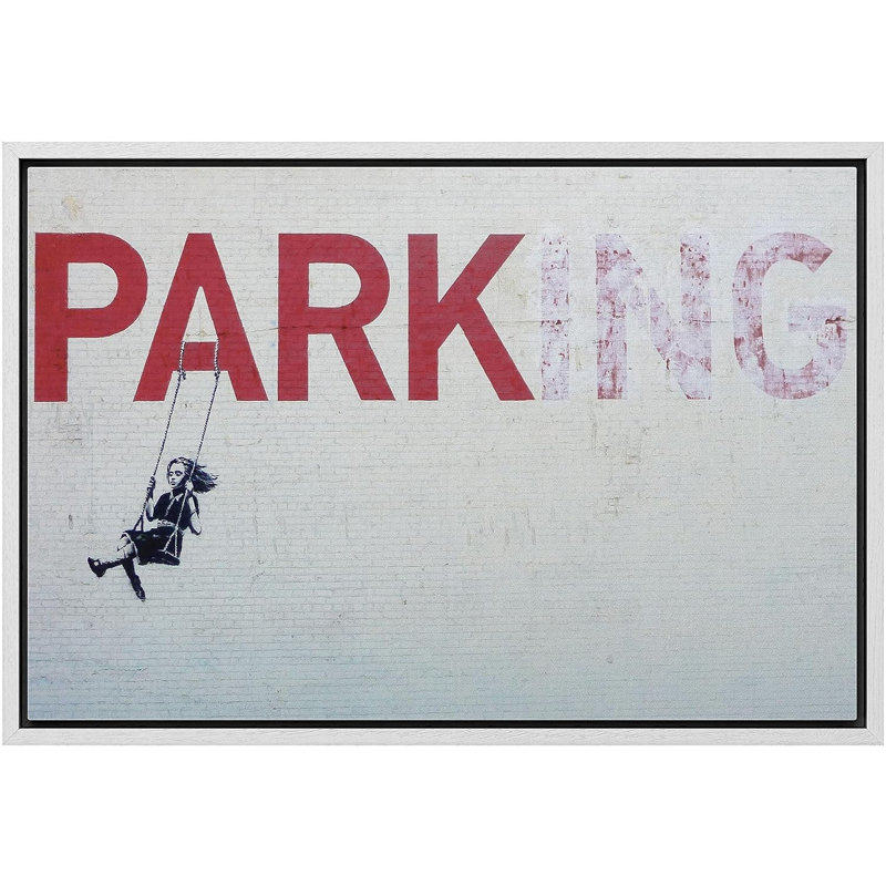 «Banksy Little Girl On Swing Dessous», H 16 po x l 24 po x P 1,5 po, Cadre flottant blanc