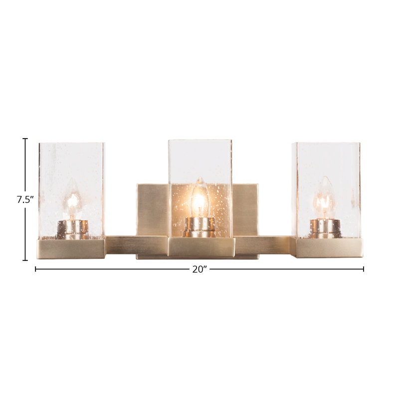 Karson 3 Light Bath Bar Shown In New Age Brass Finish With 4" Square Glass, Clear Bubble, New Age Brass
