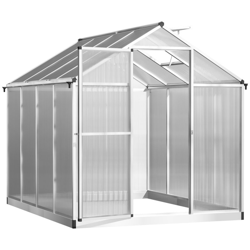 8' L X 6' W Walk-In Polycarbonate Greenhouse With Roof Vent For Ventilation & Rain Gutter For Winter, 6.4 H x 8 W x 6.3 D