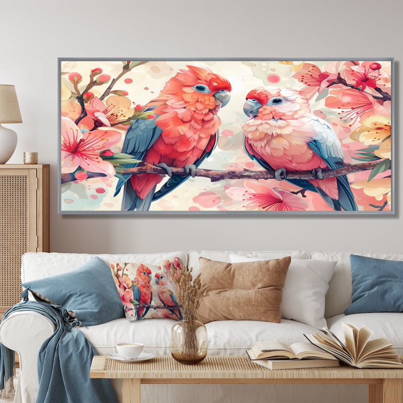 Rose, vert, perroquet, oiseaux amoureux I - perroquet, art mural, salon, Toile argentée avec cadre flottant