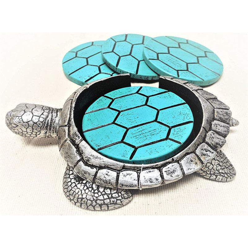 Ensemble de sous-verres en polyrésine avec support Tortue de mer, finition argentée et turquoise