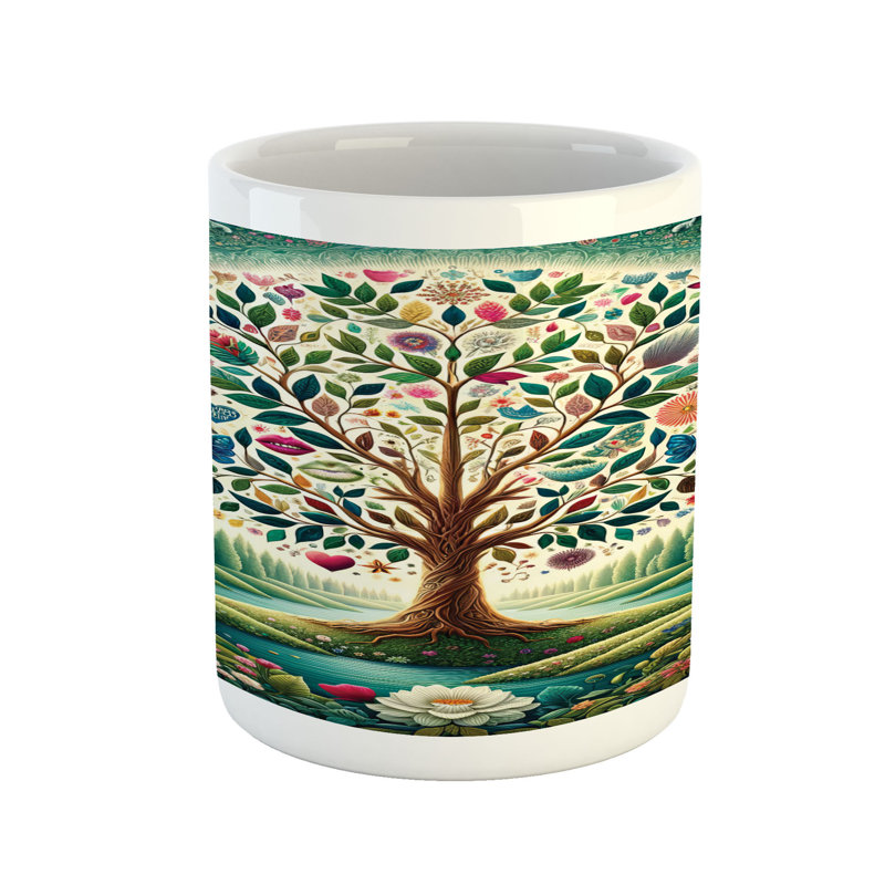 Bay Isle Home™ Springtime Ceramic Coffee Mug Circular Tree Flourish 11 oz Green Blue and Pink