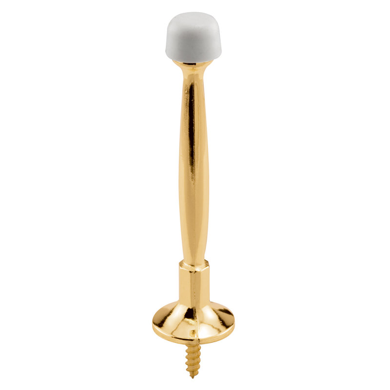 Prime-Line Rigid Door Stop, 4 in. Reach, Diecast Construction, White Rubber Tip, Baseboard Mount, Brass