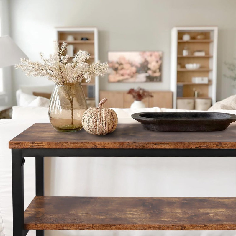 Console étroite, canapé de 47 pouces avec tablette ajustable, table longue à 2 niveaux, Brun rustique, Noir, noir, noir, noir