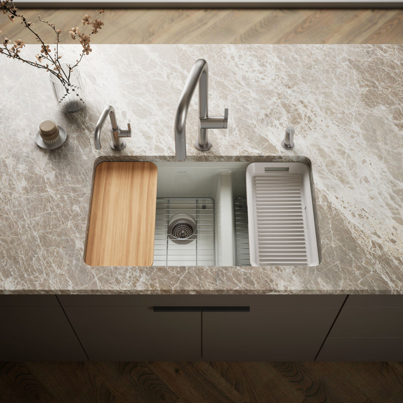 Riverby 33" undermount double-bowl workstation kitchen sink, Sea Salt