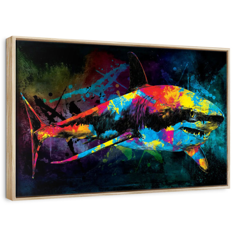 Grand requin blanc couleur grunge, Cadre flottant en bois naturel, 37 po x 25 po
