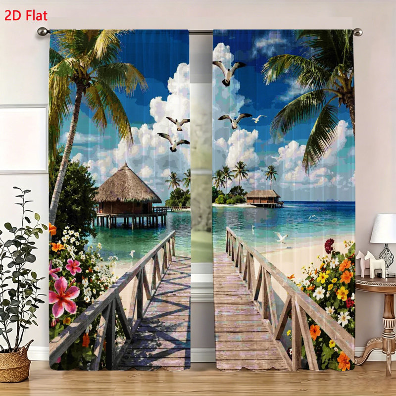 Rideaux de fenêtre à motif paysage de plage tropicale, ensemble de 2 pièces, vue sur l'océan, bungalow sur pilotis, palmiers, tissu imprimé paysage insulaire éclatant, panneaux doux et légers pour la décoration du salon et de la chambre à coucher.