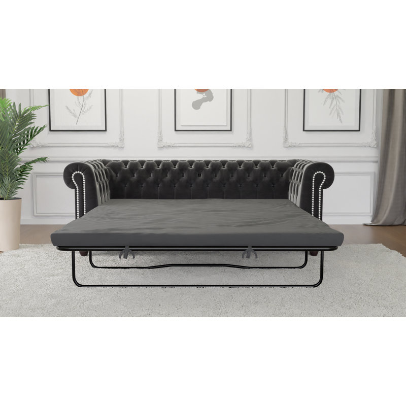 Chesterfield Hanna 3 Seater Sofa with Sleeping Function Made of Velvet Fabric with Solid Wood Legs, Black