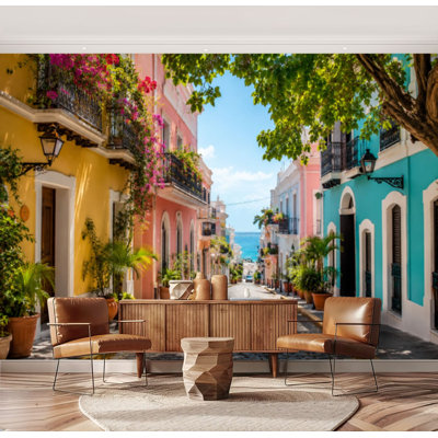 Wall Mural Peel and Stick Wallpaper colorful street old san juan puerto rico town scenery Self-Adhesive Removable Contact Paper Wall Decor for Living Room Bedroom 69"H x 96"W