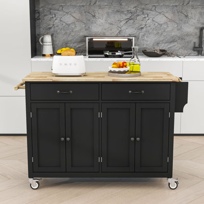 Chariot pour îlot de cuisine avec plateau en bois massif et roulettes verrouillables, largeur de 54,3 pouces, armoire à 4 portes et deux tiroirs, support à épices, porte-serviettes (noir)