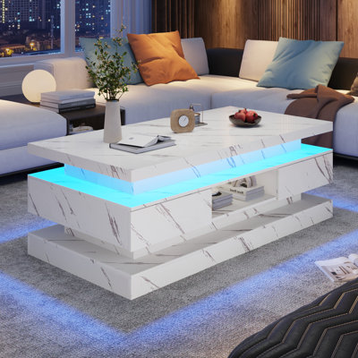 Table basse à DEL 47,2 po avec 2 tiroirs de rangement, ultrabrillant