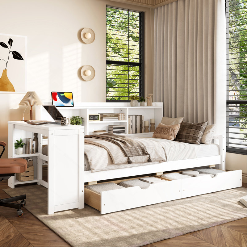 Lit de jour simple d'angle avec tiroirs de rangement et bureau et port de charge et bibliothèque de couleur, blanc, Blanc