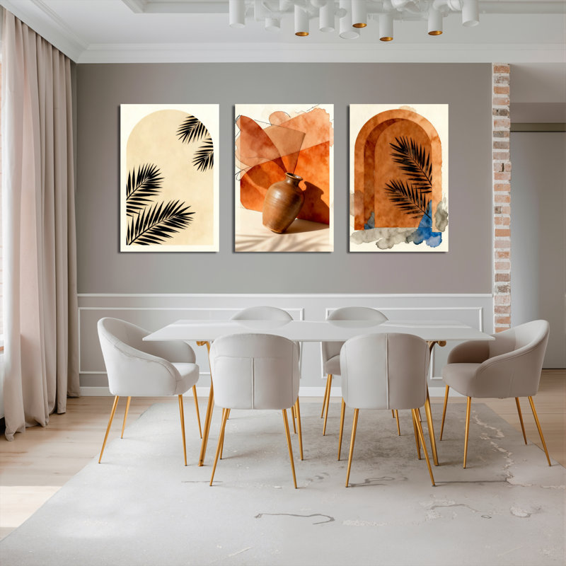 «Tropical Palm Leaves and Terracotta», art mural sur toile, style bohème abstrait (ensemble de 3), H 24 po x l 48 po