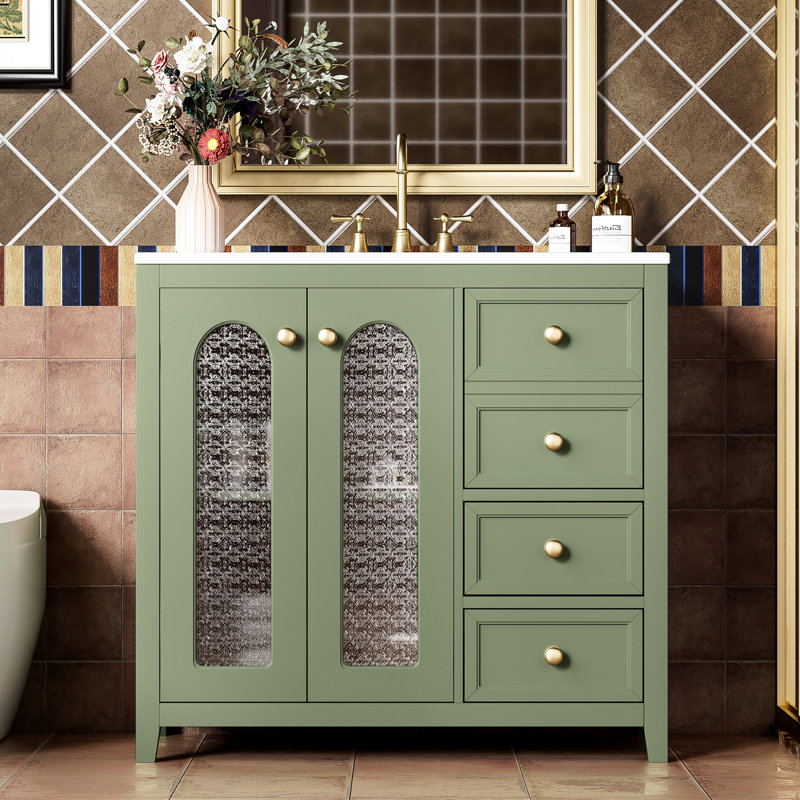 Meuble-lavabo de salle de bain avec comptoir de 36 po, tablettes réglables, 3 tiroirs en bois massif et armoire de 36 po avec poignées en métal doré de luxe, élégance