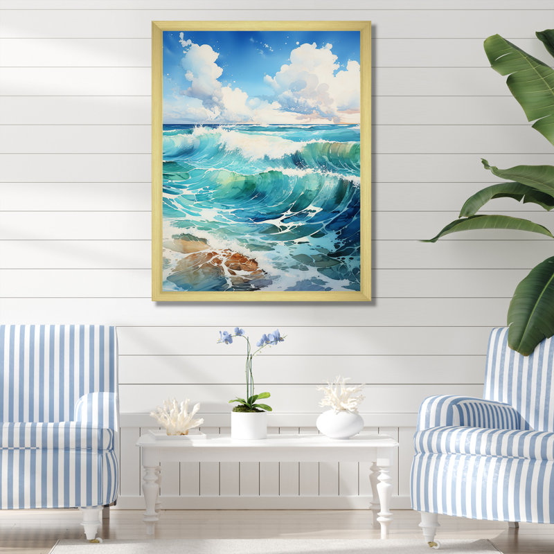 «Tropical Beach Waves Fusion», reproduction sur toile, Encadrement doré, H 44 po x l 34 po x P 1,5 po