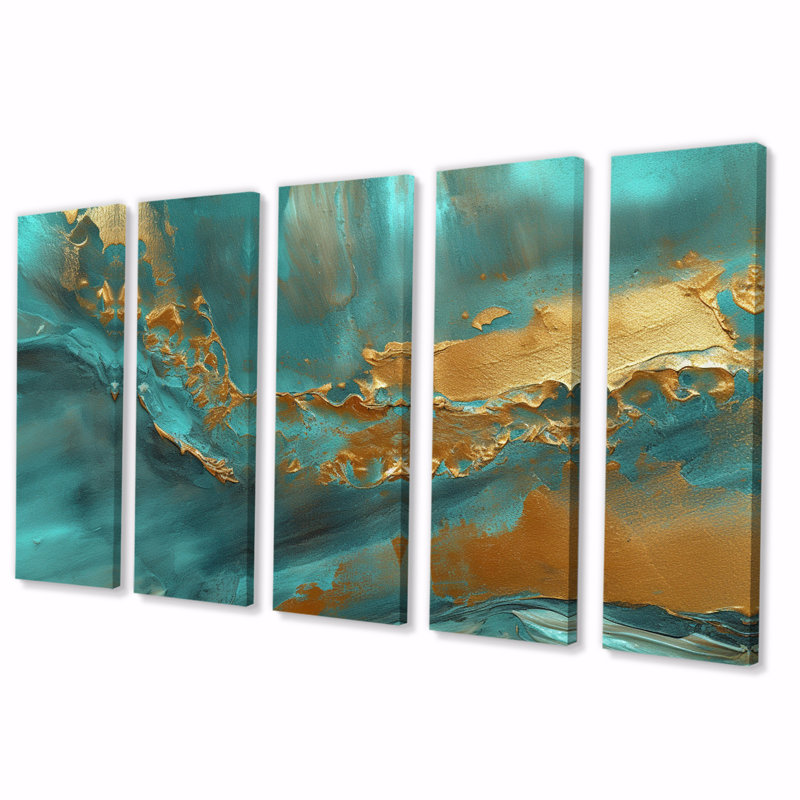 Golden Sunshine Wild Turquoise River Abstract I - décoration murale abstraite - 5 panneaux égaux