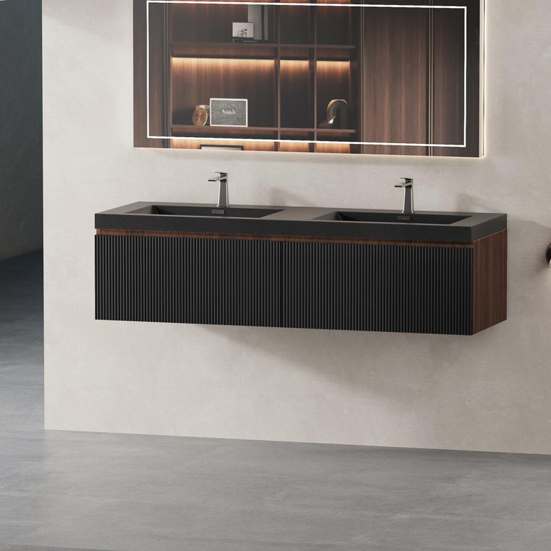 Bathroom Vanity with Double Sinks (Walnut+black)
