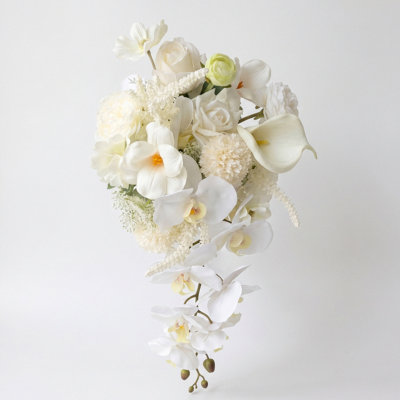 15,7 pouces ivoire blanc Calla lys et orchidée en cascade bouquet de mariée, chute d'eau de mariage artificielle
