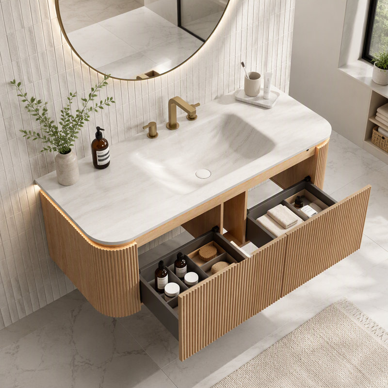 Meuble-lavabo mural de 122 cm avec lavabo intégré, armoire incurvée cannelée avec éclairage à détecteur de mouvement pour salle de bain moderne