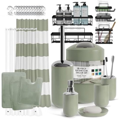 Ensemble d'accessoires de salle de bain - Ensemble de salle de bain 28 pièces avec support de douche de coin adhésif, ensembles de salle de bain avec rideau de douche et tapis, ensemble de rideau de douche vert sauge avec poubelle de salle de bain