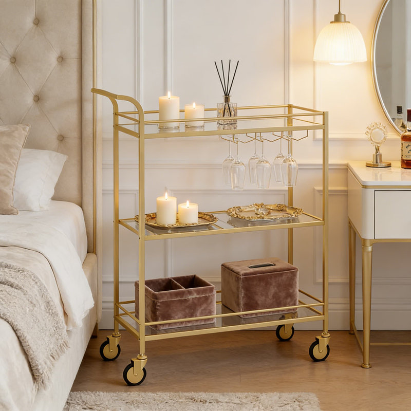 3-Tier Bar Cart With Wine Rack And Glass Holder, Rolling Beverage Serving Cart With Tempered Glass Shelves And Safety Rails For Home, Dining Room, Or Kitchen