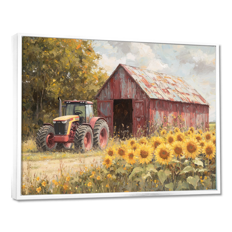 Dobrinka Sunflowers and The Tractor Shed IV - Sunflowers, art mural, H 30 po x l 40 po, Picture Framed, Blanc