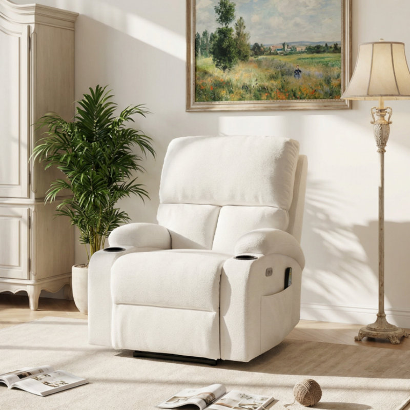 79cm Wide Chenille Glider Standard Recliner with Massager, White