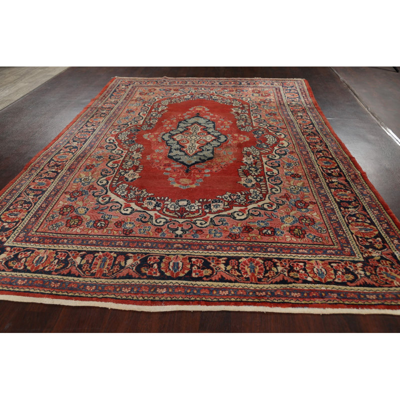 Tapis rouge en laine noué à la main de conception unique 7 pi 10 po x 11 pi 1 po années 1920 Cliona