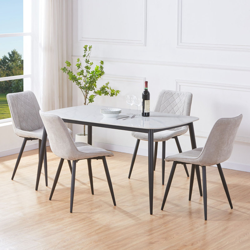 Aspen Sintered Stone Rectangular Table with 4 Diamond Stitch Upholstered Fabric Chairs - Modern Dining Set, Light Grey