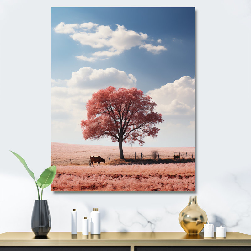 Pink Tree Tranquil Fields - Landscapes Canvas Art Print, Toile tendue, H 32 po x l 24 po x P 1 po
