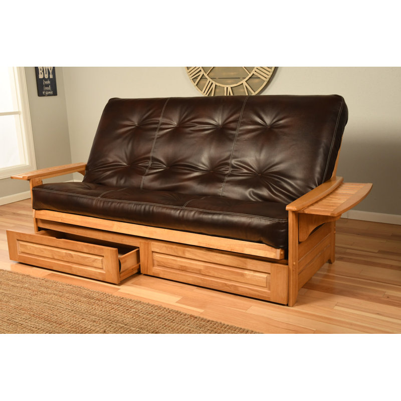 Stratford Queen 87'' Upholstered Futon And Mattress, Oregon Trail Java, Butternut