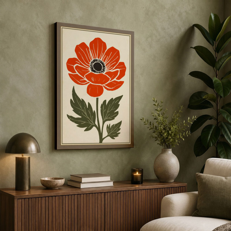 Red Poppy Botanical - Wrapped Canvas, 18x12 - 45.7 x 30.5 cm, Cream Border