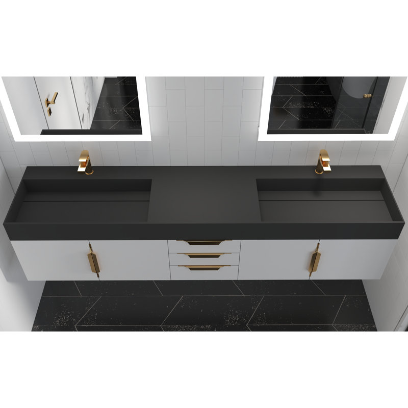 Meuble-lavabo double 84 po avec plateau Amazon, Blanc, Or, Noir