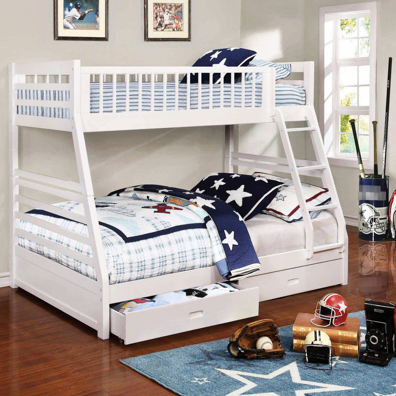 Lit superposé simple au-dessus d'un lit double au fini blanc, avec deux tiroirs pour l'organisation de la chambre à coucher, pin et construction complète, rangement, en pin, espace idéal