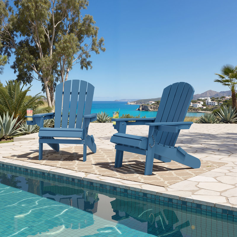 Outdoor HDPE Folding Adirondack Chair Set, Blue