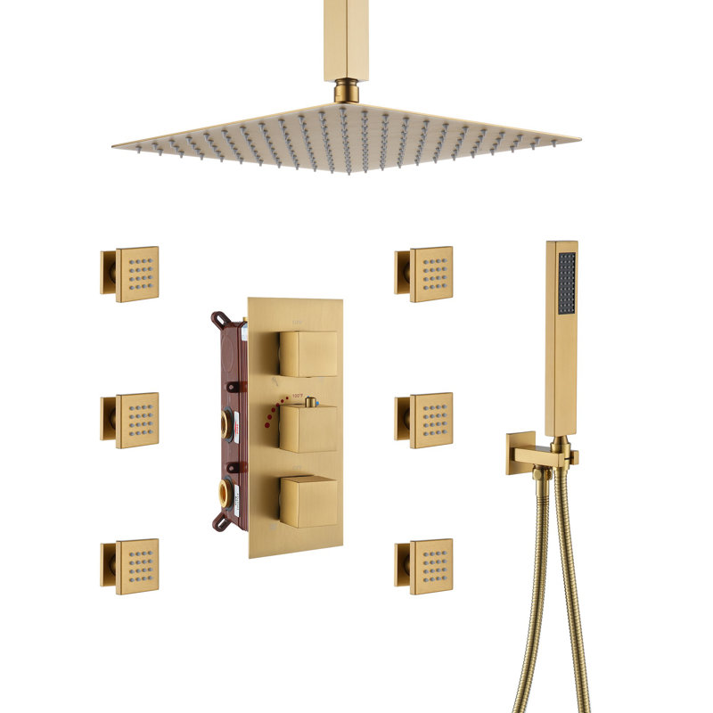 Herathena 3 Functions Ceiling Mounted Thermostatic Shower System with 6 Body Jets, Brushed Gold