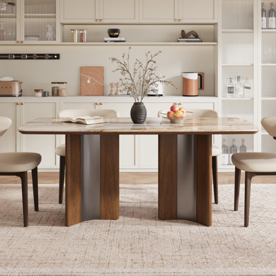 Table de salle à manger rectangulaire de luxe moderne en pierre frittée de 160 cm avec pied central en noyer, pour 4 à 6 personnes.