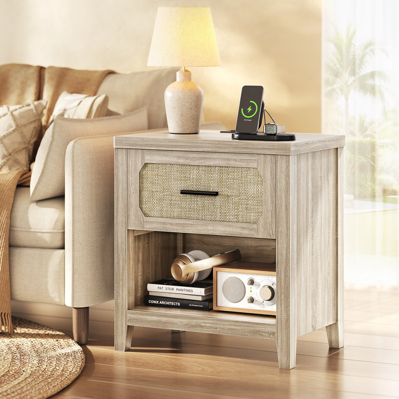21.3'' W 1-drawer Nightstand With Open Shelf, End Table With Charging Station