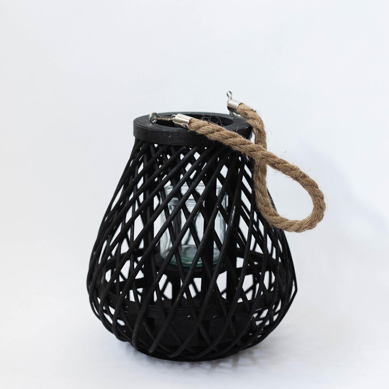 Cadre noir tissé avec poignée en corde de jute et porte-bougie en verre en forme de poire, H 10,75 po x l 9 po x P 5 po