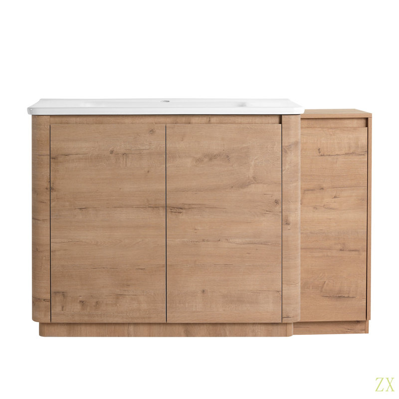 Meuble-lavabo autoportant de 52 po avec lavabo en céramique et 1 petite armoire de rangement, porte à fermeture en douceur, emballage KD, contreplaqué