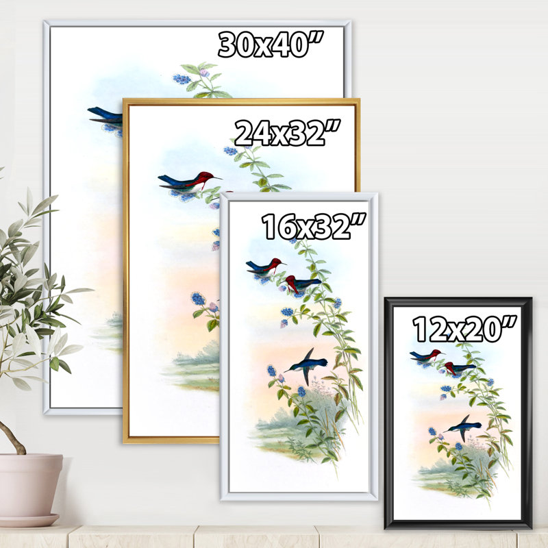 Colibri rétro II - peinture sur toile, Cadre flottant doré, H 40 po x l 30 po x 1,5 po