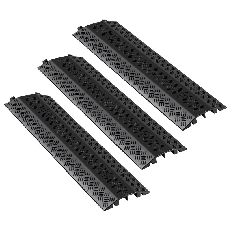 Couvercle de câble escamotable, capacité de charge de 17 500 lb / essieu, matériau PP, paquet de 3, rampe de protection de tuyau de câble robuste, noir, conception à deux canaux pour une utilisation intérieure et extérieure