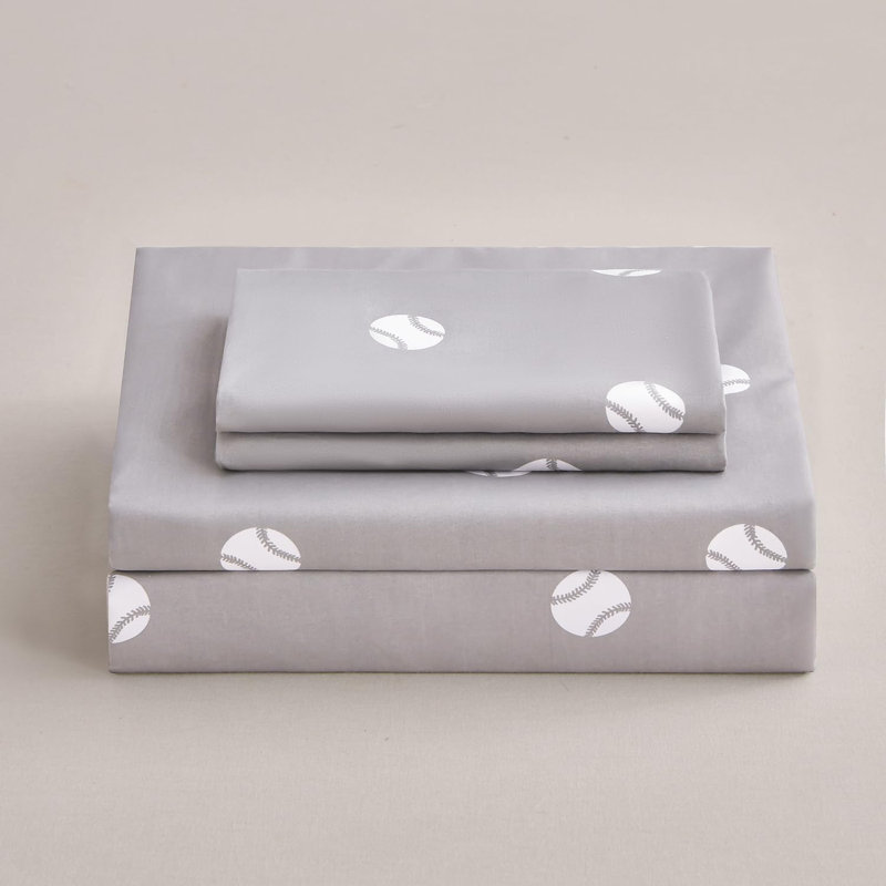 Kids/Teens Sports Fitted Sheet, 2-Pack – 2 Fitted Sheets + 4 Pillowcases (No Flat Sheet), Gray/White Baseball, Queen