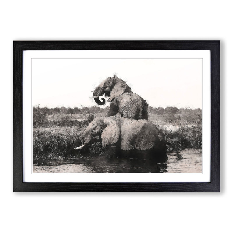 Two Elephants - Picture Frame Graphic Art Print, 62cm H x 87cm W x 2cm D, Black Framed