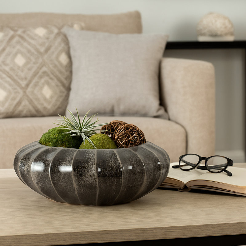 Decorative Round Ribbed Pottery Bowl with Glazed Finsih for Home Decor - Modern Accent Bowl for Shelf, Coffee Table, or Home Decor - 14", Black