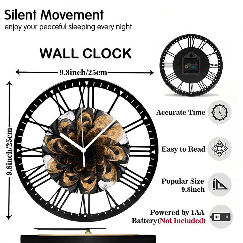 Horloge murale ronde en fer 10 po avec mouvement à quartz silencieux, chiffres romains, impression UV