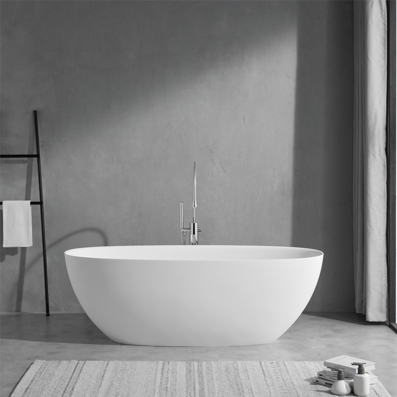 Biocura 65" X 30" Freestanding Soaking Oval Artificial Stone Surface Bathtub, White