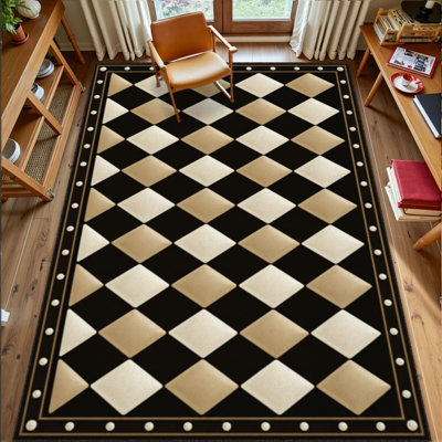 Tapis lavable 180 x 270 cm, motif losanges noir et blanc, poils courts, envers antidérapant en TPE, doux et élégant, idéal pour le salon, la chambre, la salle à manger et le bureau.