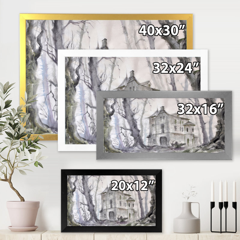Château hanté dans les bois - Peinture sur toile, Toile blanche encadrée, H 16 po x l 32 po x P 1,5 po